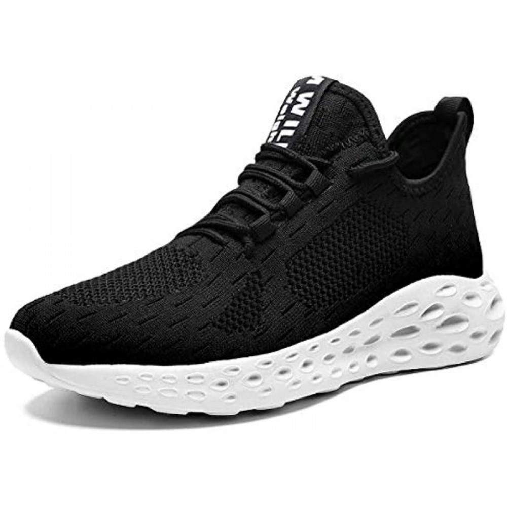 Mens Slip On Walking Shoes Fashion Breathable Sneakers Mesh Soft Sole Casual Athletic Lightweight Black-White