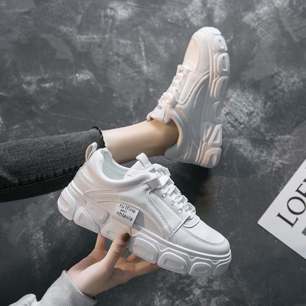 White Shoes Female Spring New Heightening Student Running Board Shoes Breathable Lace
